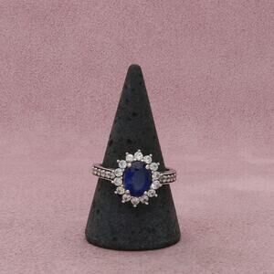 sterling silver oval-cut deep blue topaz & cz halo ring size 9.75